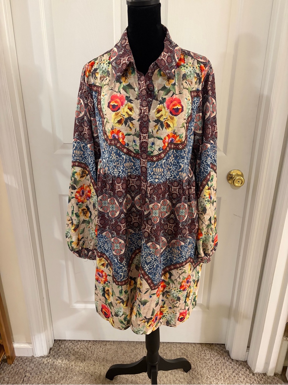 Umgee oversized mixed floral print minidress button down pockets women’s medium